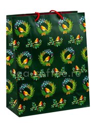 Подарочный пакет Снегири на венках Зеленый 26х32 см (9232494)