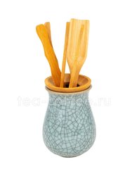Набор инструментов из бамбука для Чайной церемонии в керамической подставке 
