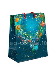 Подарочный пакет Новогодний венок с игрушками синий 18х23 (0292434)