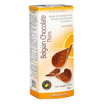 Шоколадные чипсы Belgian Chocolate Thins Апельсин 80 гр