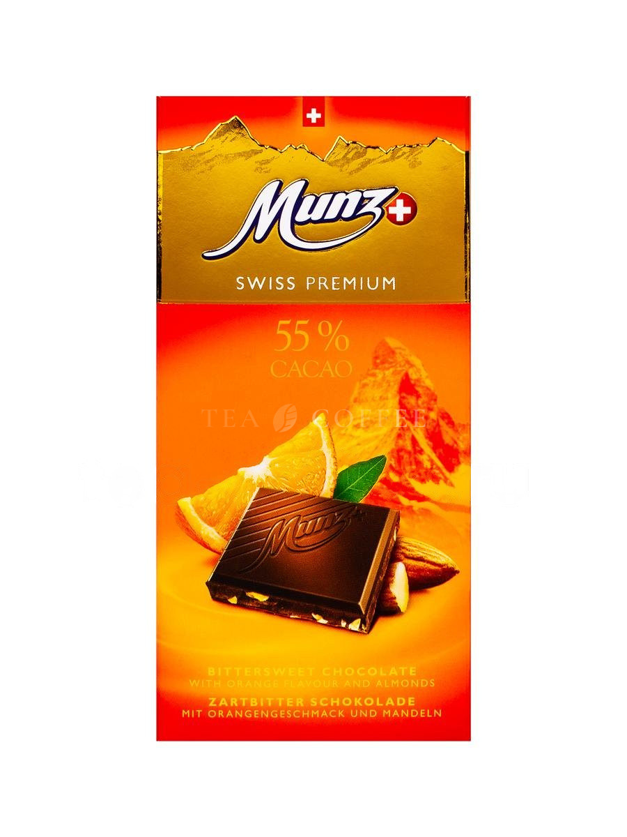 Munz Горький шоколад 55% CACAO с апельсином и миндалем 100 гр