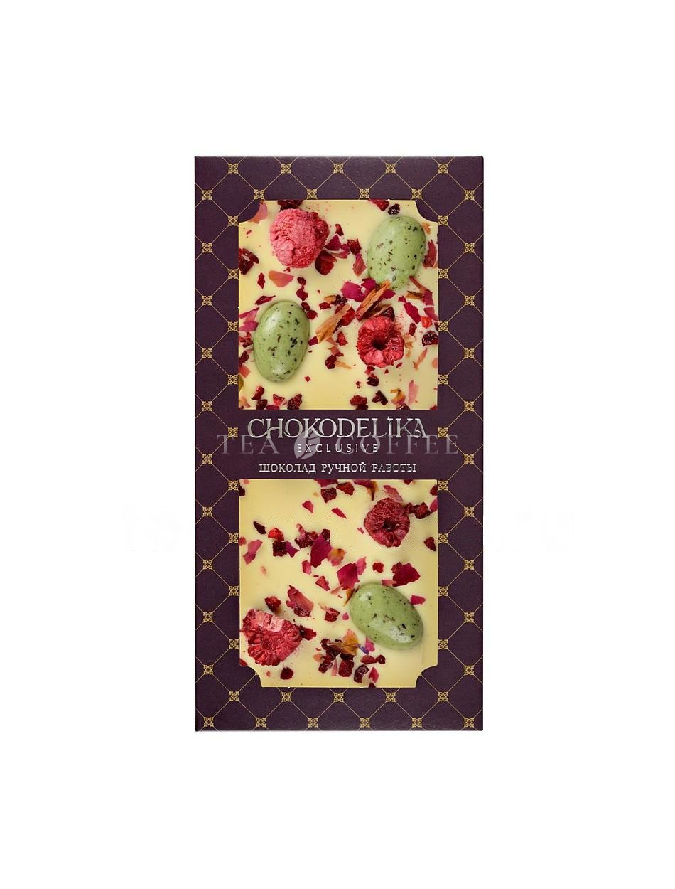 Chokodelika Шоколад белый с украшением роза, малина, вишня 100 г
